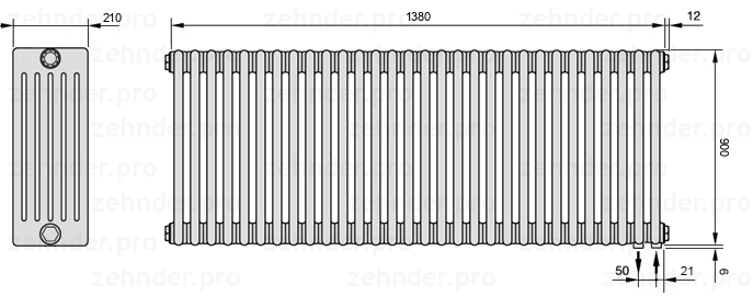 Схема (чертеж) Радиатор Zehnder Charleston 6090/30 №5510 Белый глянцевый RAL 9016